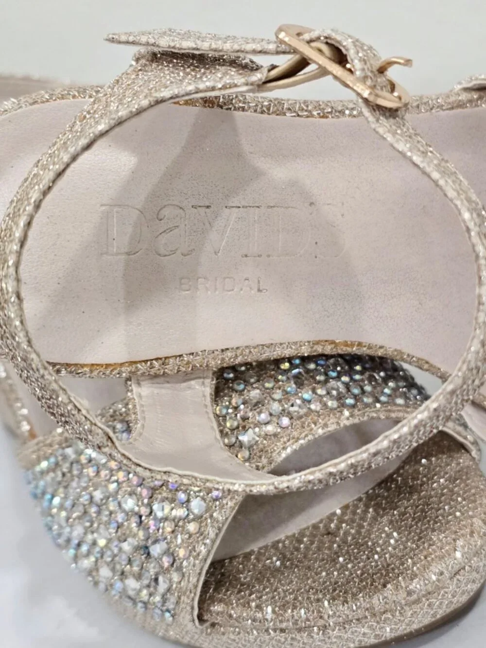 David’s Bridal ✦ Gold Glitter Wedge Sandal ✦ Rhinestones Adjustable Strap Heel 9